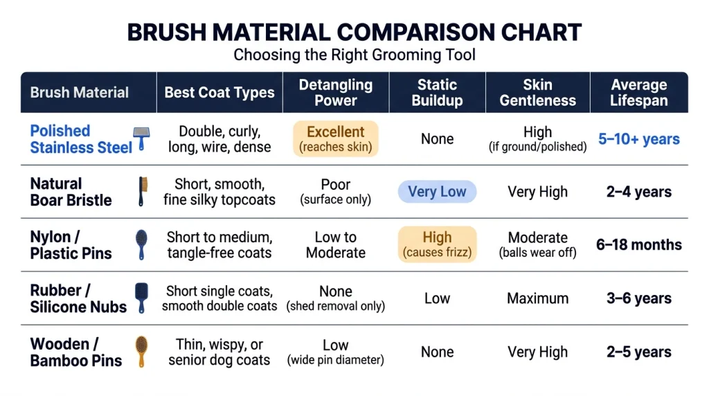 Comparison table infographic of stainless steel pins vs boar bristle, nylon, rubber, and wooden dog brushes.