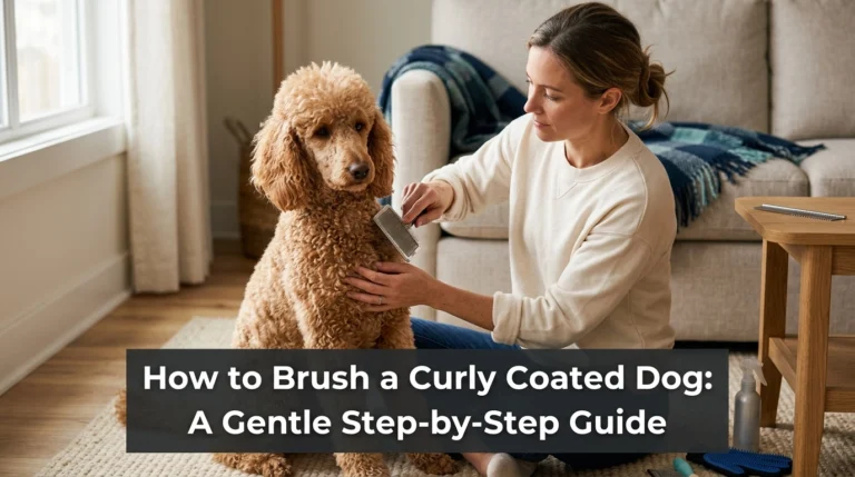 Owner gently brushing an apricot Poodle's curly coat with a slicker brush in a cozy home.