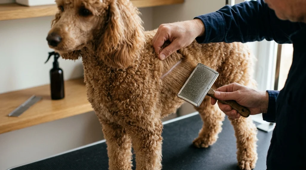 Close-up of an owner line brushing a Poodle's curly coat with a slicker brush.