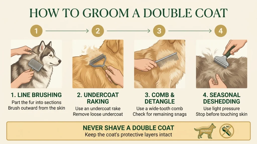 Four-step infographic showing slicker brushing, undercoat raking, metal comb checking, and seasonal deshedding.