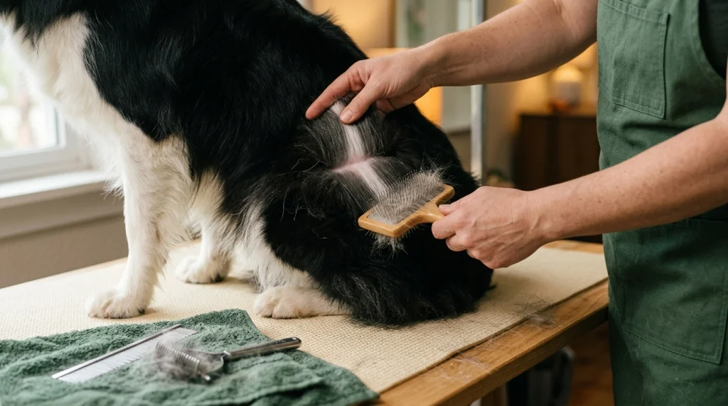 Owner using line brushing to reach a Border Collie's undercoat with a slicker brush.