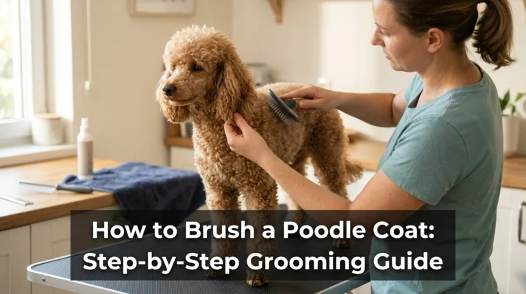 Owner gently brushing an apricot Poodle's curly coat with a slicker brush during home grooming.
