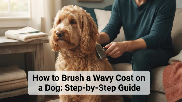 Goldendoodle with a wavy coat receiving gentle home brushing beside professional grooming tools