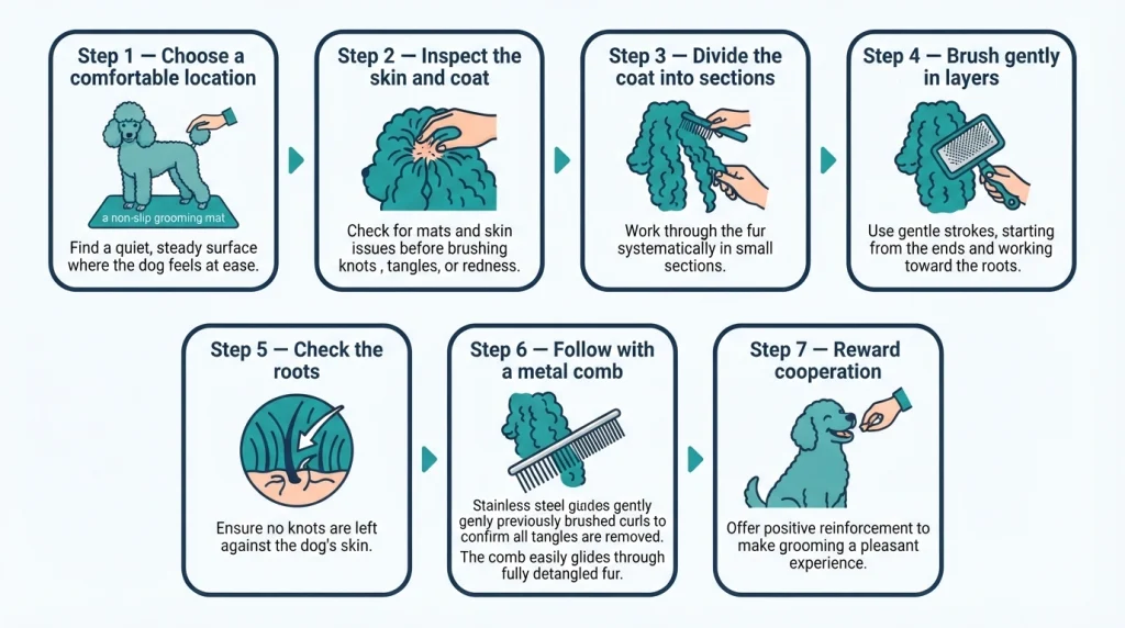 Seven-step infographic showing how to brush a curly dog coat with a slicker brush and metal comb.