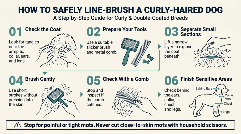 Six-step infographic showing safe line brushing, slicker brush technique, comb checking, and mat prevention.