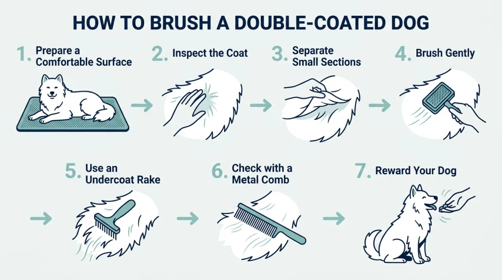 Seven-step infographic showing how to brush a double-coated dog using a slicker brush, undercoat rake, and comb.