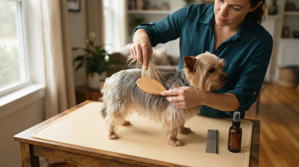 Owner line brushing silky Yorkshire Terrier hair while supporting a small section and using a gentle pin brush.