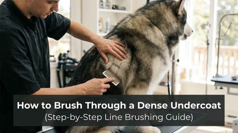 Professional groomer demonstrating how to brush through a dense undercoat on a double-coated dog.