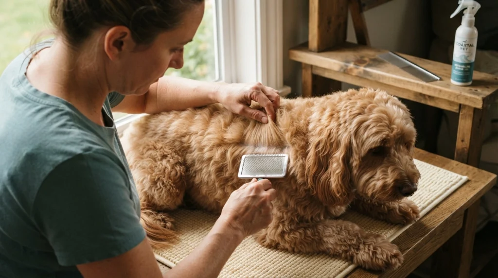 Dog owner lifting a narrow layer of wavy fur and gently brushing underneath with a slicker brush.