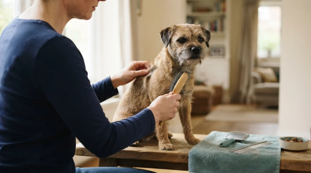Owner gently brushing a wire-haired Border Terrier in small sections using a cushioned pin brush