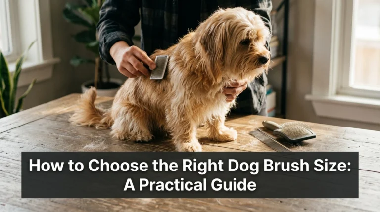 Owner choosing the right dog brush size while gently grooming a long-coated dog.