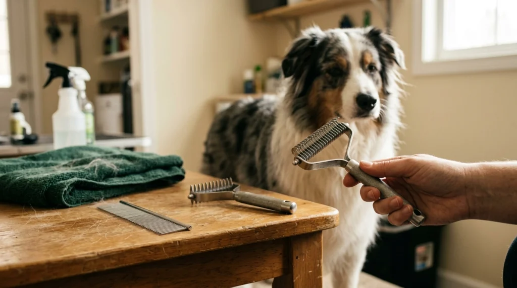 Dog owner comparing undercoat rakes beside an Australian Shepherd during grooming preparation.