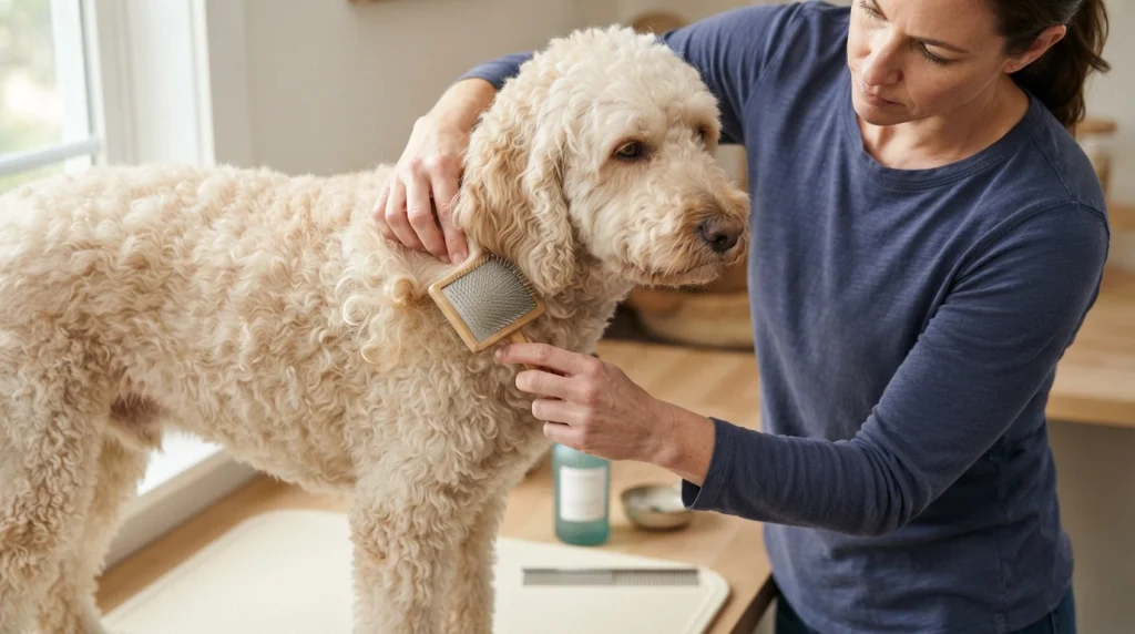 Hands supporting a Goldendoodle's curly shoulder fur while gently brushing a small section.