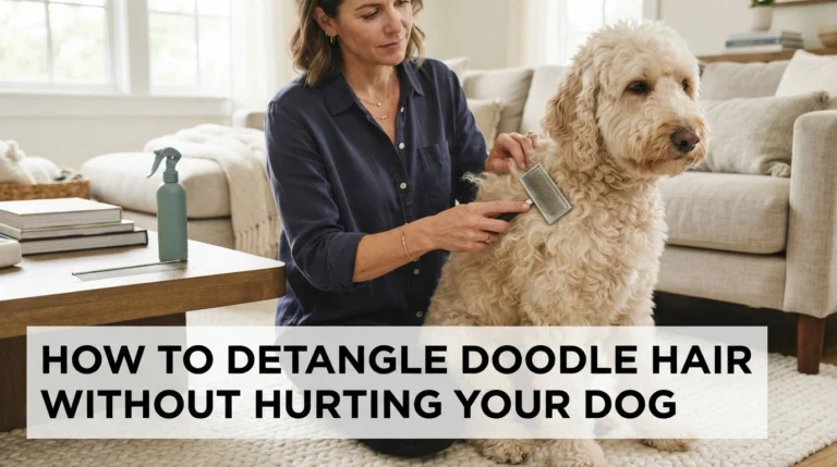 Owner gently detangling a cream Goldendoodle's curly coat using a slicker brush at home.