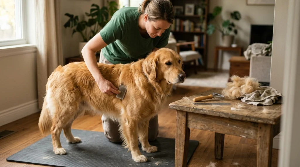 Owner gently brushing a Golden Retriever during a double-coated dog grooming routine at home.