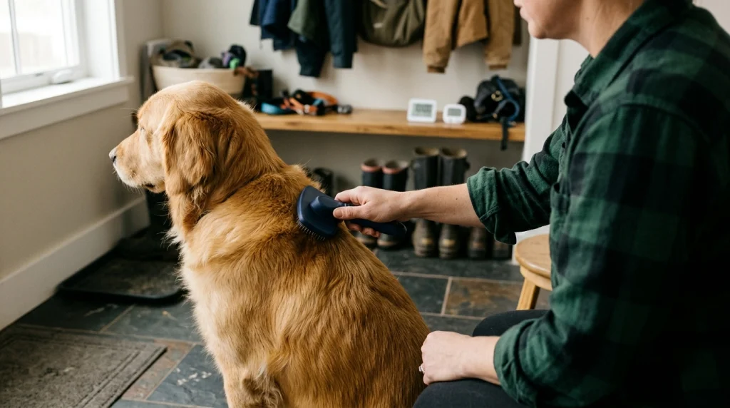 Over-the-shoulder view of a person holding an ergonomic dog brush with a straight wrist and loose grip