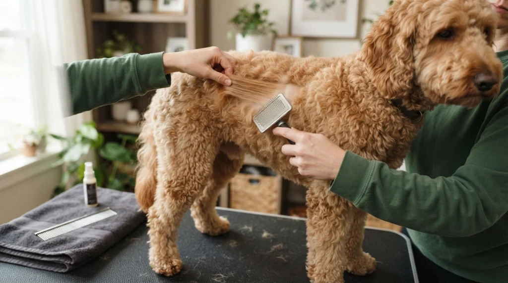 Owner demonstrating how to brush a Doodle coat using gentle line brushing near the shoulder