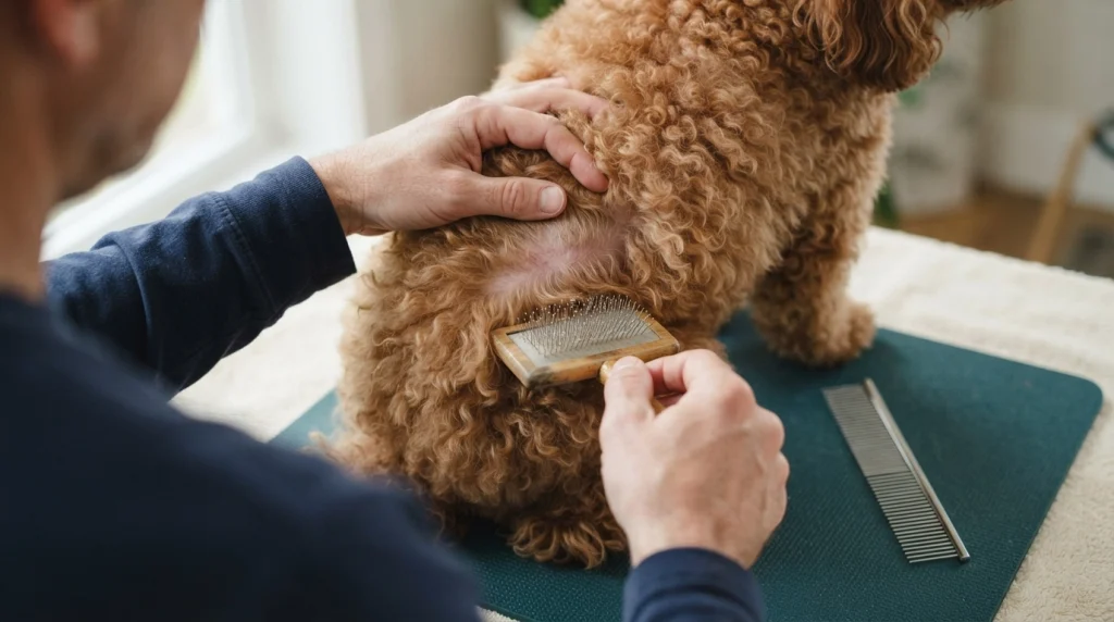 Close-up of line brushing curly Poodle hair in thin horizontal sections with a slicker brush