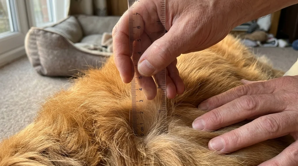 Hands holding a ruler to measure dog coat depth for correct brush selection.