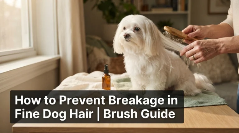 White Maltese dog being gently groomed with a pin brush to prevent breakage in fine dog hair.