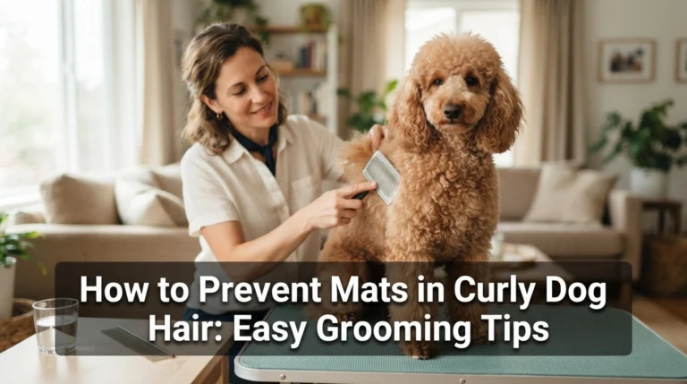 Owner gently brushing an apricot Poodle to demonstrate how to prevent mats in curly dog hair.