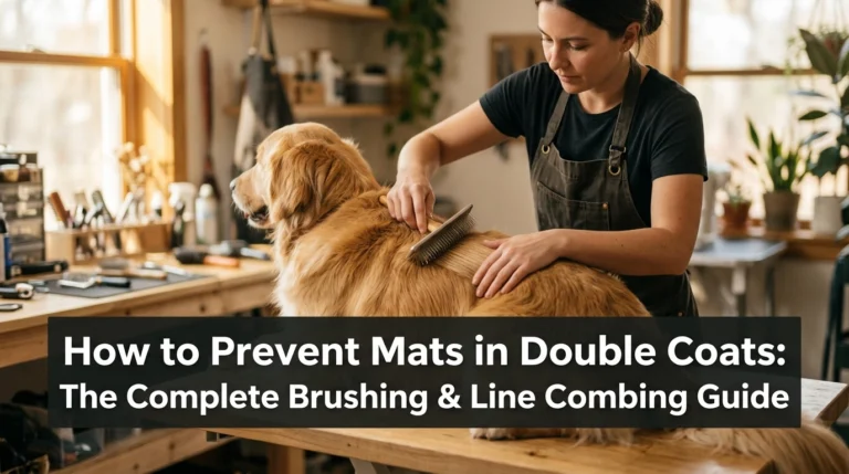 Professional groomer line combing a golden retriever to prevent mats in a double coat.