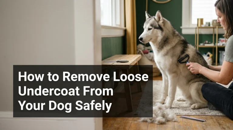 Owner using an undercoat rake to remove loose undercoat from a fluffy Siberian Husky.