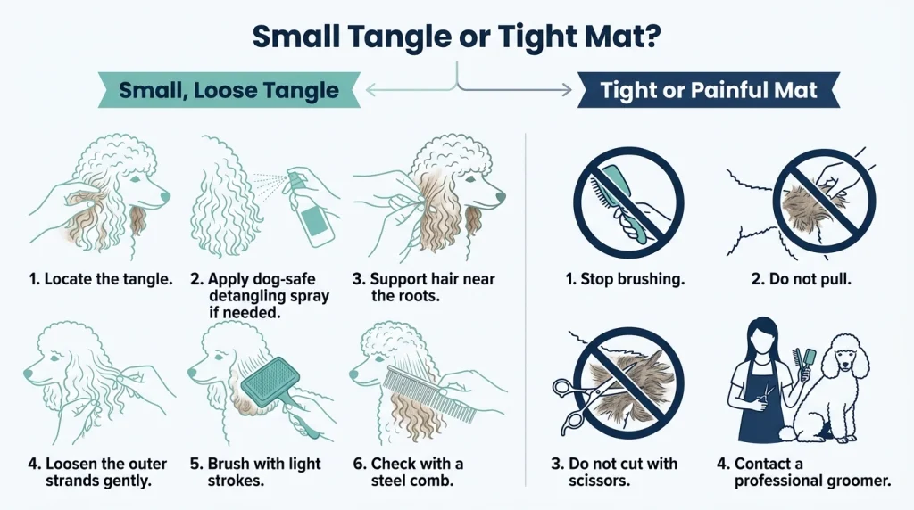 Poodle detangling flowchart comparing safe removal of loose knots with professional care for tight mats.