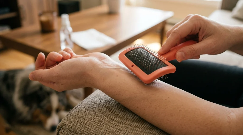 Dog owner performing the inner forearm glide test with a stainless steel slicker brush to check pin polish.