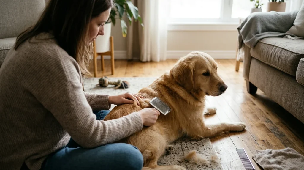Owner safely brushing a dog with gentle pressure during home grooming