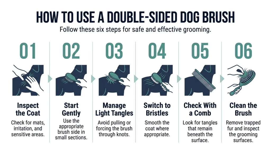 Six-step infographic showing how to use a double-sided dog brush and check for tangles.