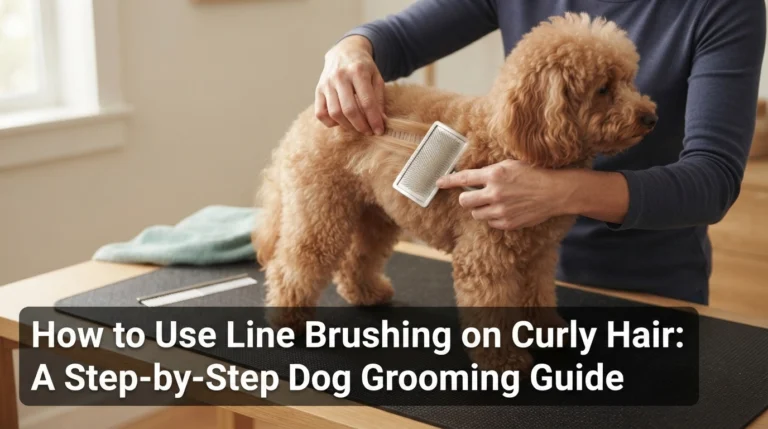 Owner demonstrates how to use line brushing on curly hair with a slicker brush on an apricot Poodle.