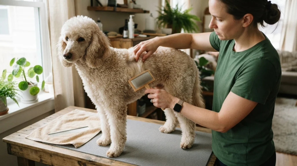Dog owner line brushing a Poodle's curly coat with a slicker brush while a steel comb rests nearby.