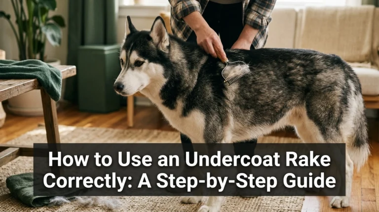 Siberian Husky being gently groomed with an undercoat rake to remove loose fur.