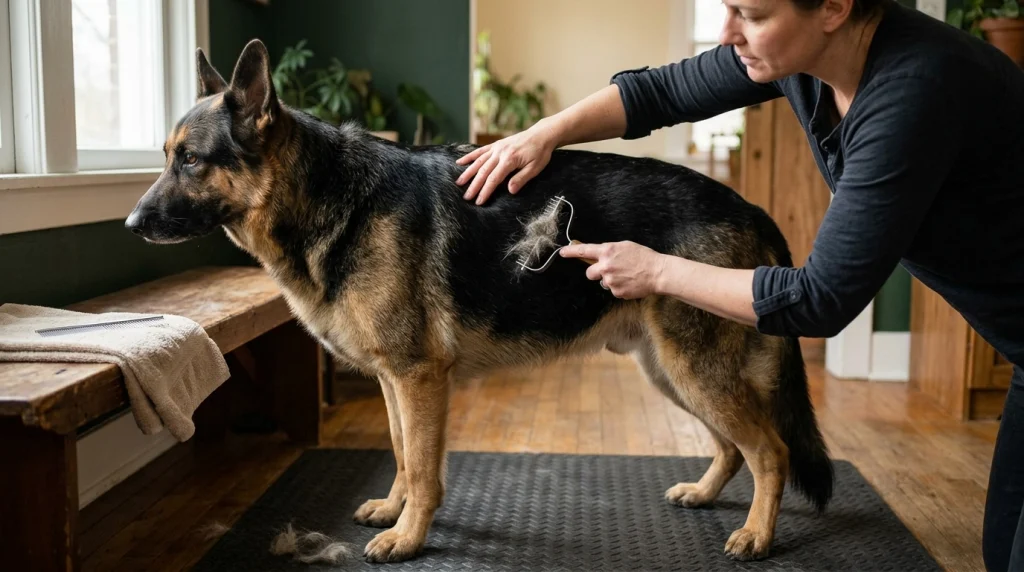 Dog owner gently using an undercoat rake on a German Shepherd's upper back.