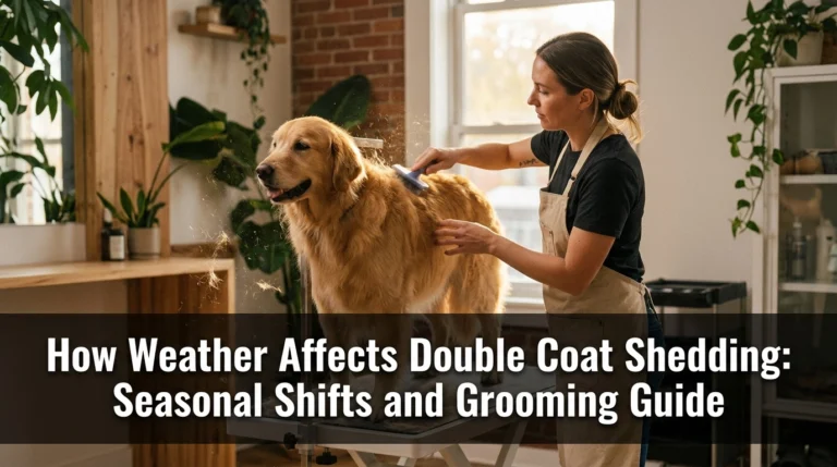 Professional groomer brushing a golden retriever during seasonal double coat shedding.