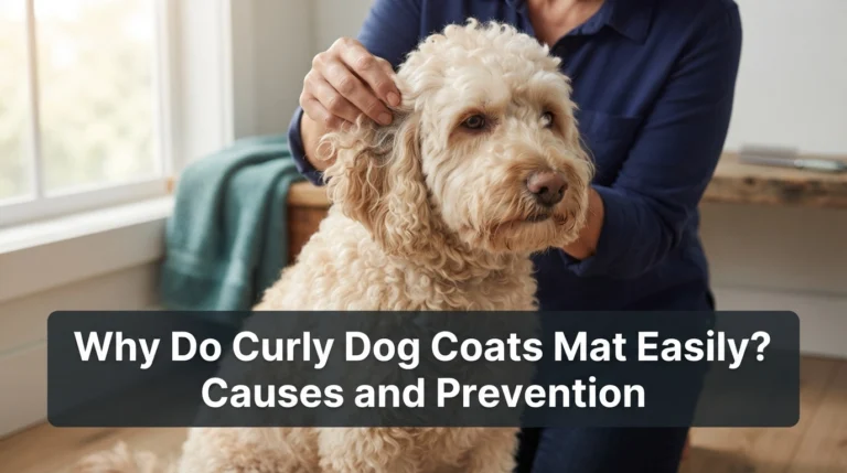 Why do curly dog coats mat easily? Owner gently checks tangled curls behind a Goldendoodle's ear.