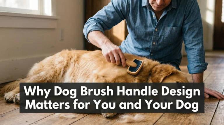 Groomer using an ergonomic angled slicker brush on a Golden Retriever showing why dog brush handle design matters.