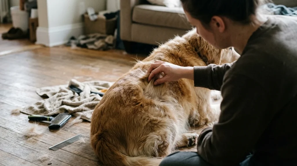 Owner examining a dog's coat layers and texture before selecting a grooming brush