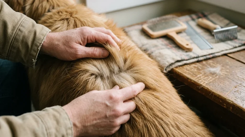 Owner examining a dog’s coat texture before choosing the right dog brush