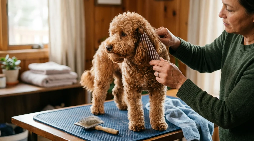 Metal comb gliding smoothly through a fully brushed curly dog's coat behind the ear