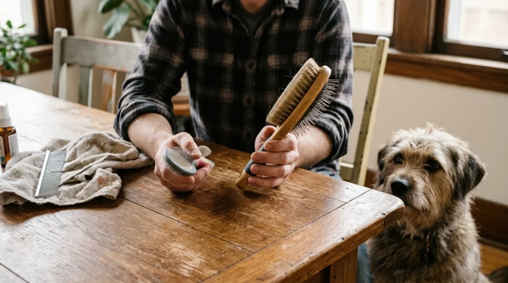 Owner comparing lightweight vs heavy dog brushes beside a calm dog