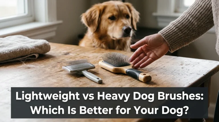 Lightweight and heavy dog brushes compared beside a dog during home grooming