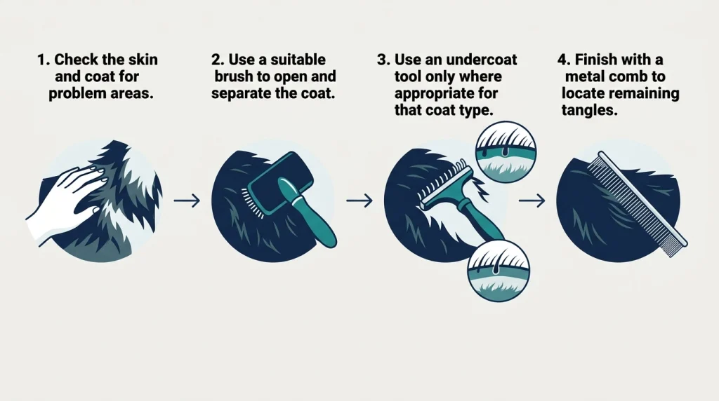 Four-step diagram for brushing, undercoat care, and combing a double-coated long-haired dog