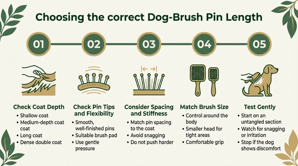Long-pin and short-pin dog brushes beside smooth and long-haired dogs on a wooden grooming surface.