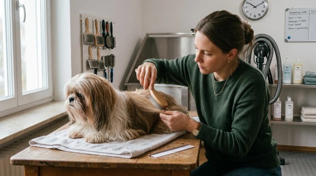 Owner brushing long soft dog fur in sections with a slicker while a comb rests nearby