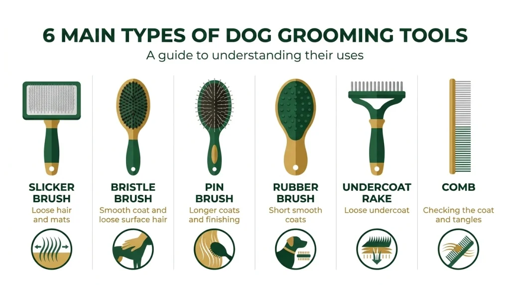 Comparison infographic of slicker, bristle, pin, rubber, rake, and comb tools