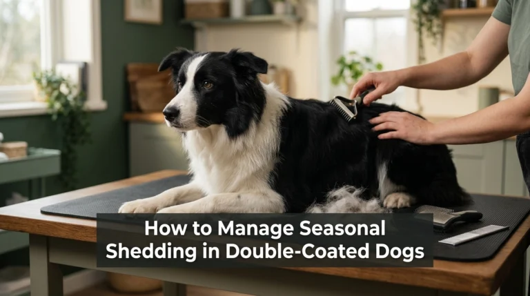 Border Collie receiving gentle undercoat grooming during seasonal shedding management.