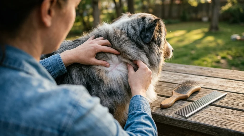 Owner parting a dog's coat next to a slicker and comb to see how dog brush design affects grooming comfort