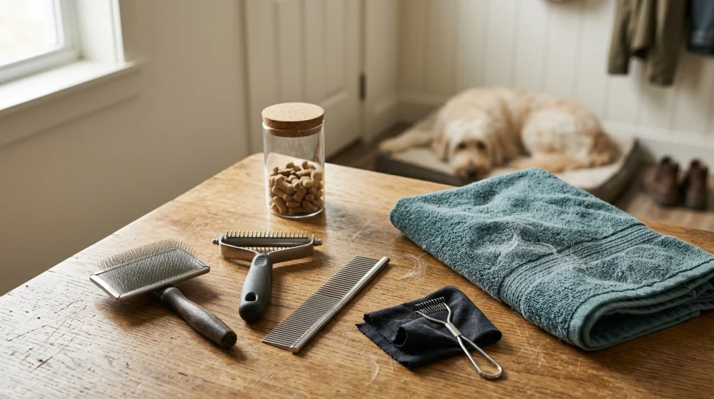 Organized home grooming kit with slicker brush, undercoat rake, metal comb, cleaning supplies, and dog treats.